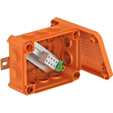 Распределительная огнестойкая коробка FireBox Т-серии OBO Bettermann,  ІР66 T 100 ED 6-5 A, 5 клемм Х 6 кв.мм, вводы 8 x M25 + 2 x M32, с наружной пластиной крепления, габариты 150х116х67 мм, цвет оранжевый