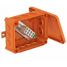 Распределительная огнестойкая коробка FireBox Т-серии OBO Bettermann,  ІР66 T 160 ED 16-5 A, 5 клемм Х 16 кв.мм, вводы 7 x M25 + 5 x M32, с наружной пластиной крепления, габариты 190х150х77 мм, цвет оранжевый