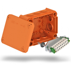 Распределительная огнестойкая коробка FireBox Т-серии OBO Bettermann,  ІР66 T 100 ED 4-10 D, 10 клемм Х 4 кв.мм, вводы 8 x M25 + 2 x M32, для телекоммуникационного кабеля с жилами Ø 0,8 мм, габариты 150х116х67 мм, цвет оранжевый